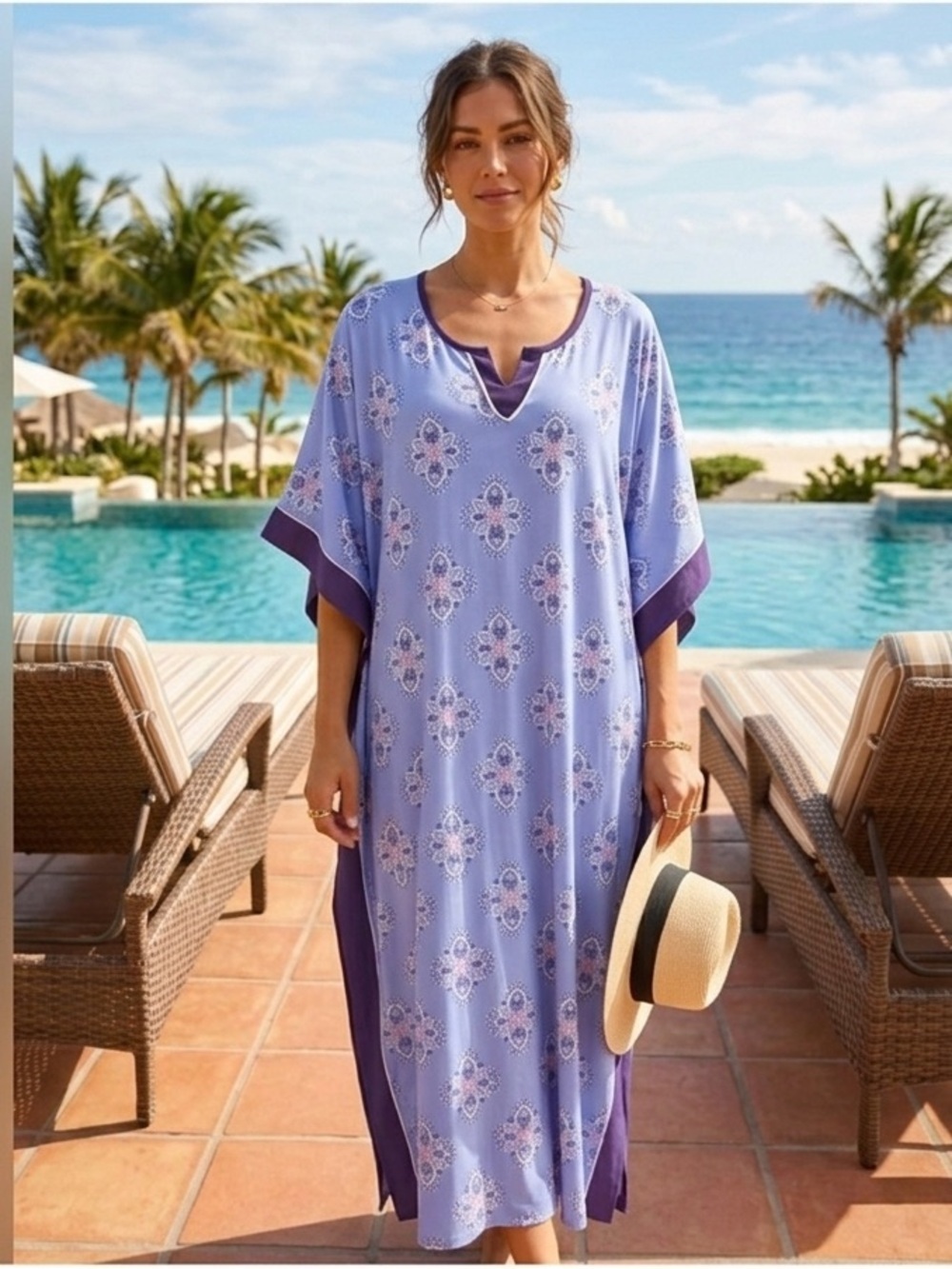 Ellen Tracy Blue Paisley Kaftan Maxi Lounger Dress Coastal Boho Pockets S/M